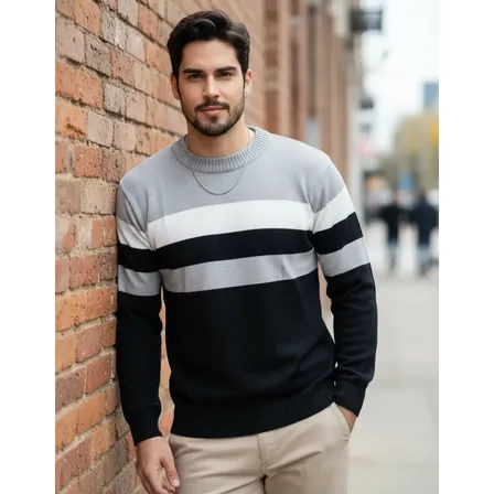 Blusa Tricô Masculina Manga Longa Suéter Listrada Inverno