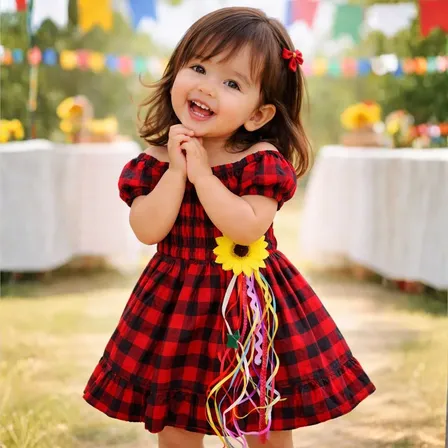 Vestido Infantil Festa Junina Xadrez Ciganinha Com Girassol