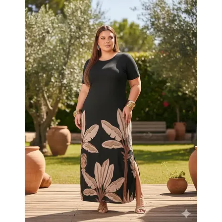 Vestido Feminino Longo Plus Size Com Bolso Fenda Elegante