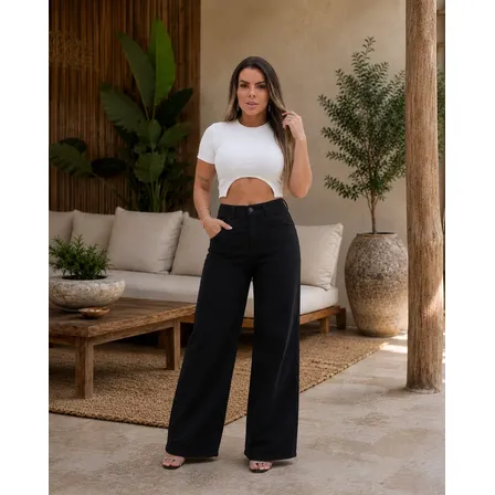 Calça Jeans Preta Wide Leg Com Elastano Cintura Alta Feminin