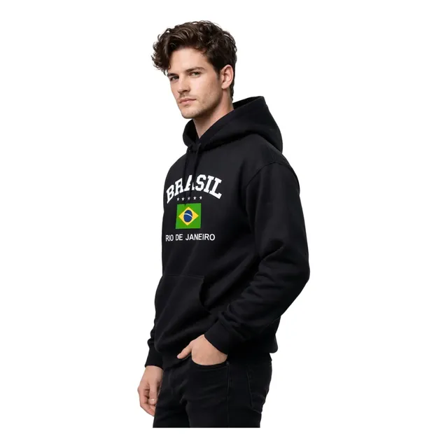 Blusa De Frio Moletom Estampado Com Capuz E Bolso Canguru M Preto