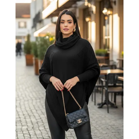 Blusa Poncho Tricot Assimétrico Alongado Manga Longa Suéter