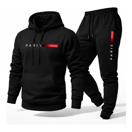 Conjunto Moletom Calça Unissex Paris Canguru Casaco Frio Gg Preto
