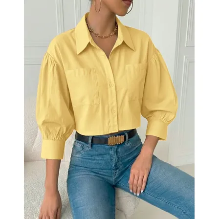 Blusa Camisa Feminina Manga Longa Bufante Botões Moda Social
