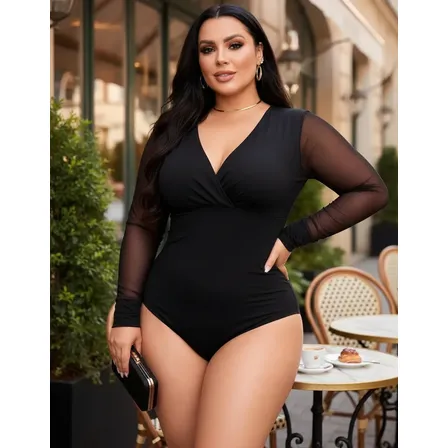 Blusa Body Cruzado Transpassado Plus Size Manga Tule Moda