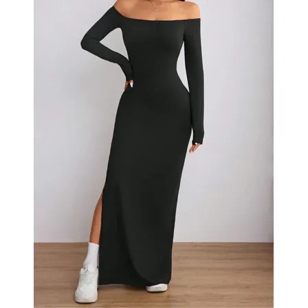 Vestido Longo Feminino Com Fenda Lateral Ombro A Ombro Luxo