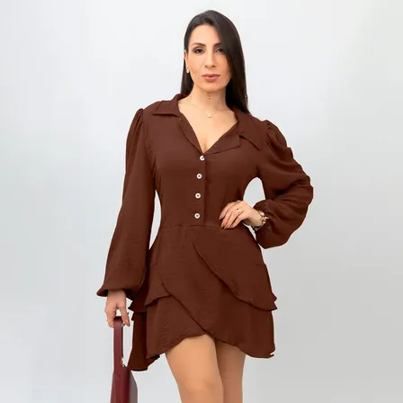 Vestido Curto Chemise Com Botões Babado Estilo Social Festa