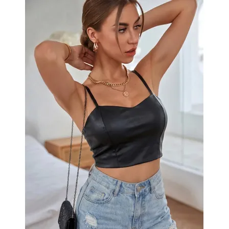 Cropped Regata Feminino Zíper Couro Ecológico Top Festa