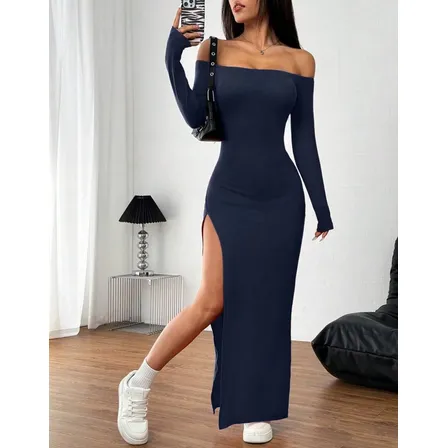 Vestido Longo Ombro Caído Fenda Elegante Tendência Feminina