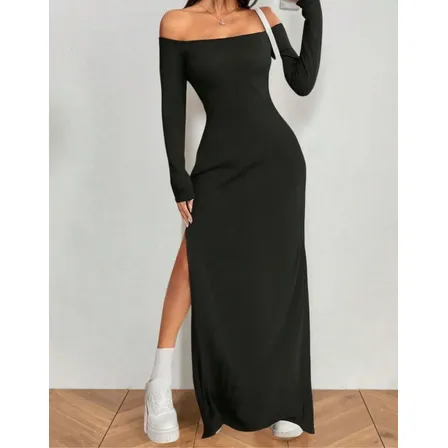 Vestido Longo Ombro Caído Fenda Elegante Tendência Feminina Preto P