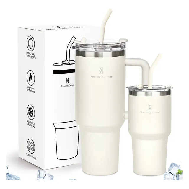 Kit Copo Térmica Inox 1200ml & 600ml Com Tampa E Inox Canudo