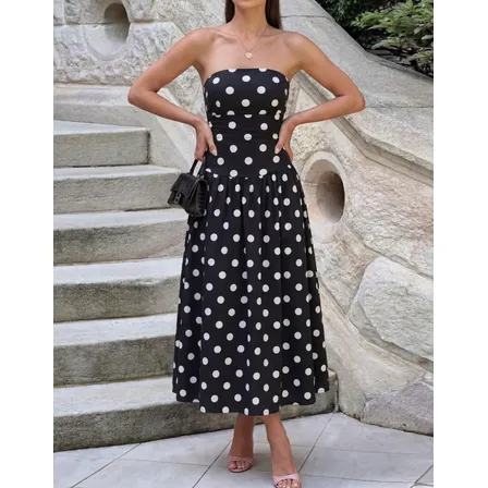 Vestido Feminino Tomara Que Caia Longo Soltinho Poa Bolinha