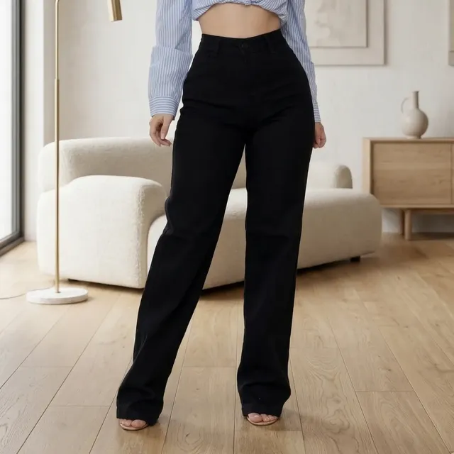 Calça Jeans Wide Leg Feminina Empina Bumbum Cós Alto