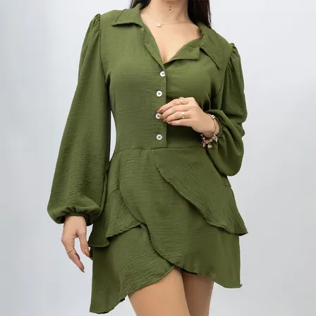 Vestido Curto Chemise Com Botões Babado Estilo Social Festa