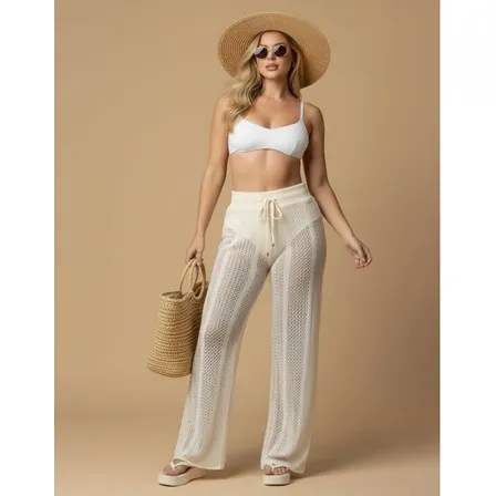 Calça Saída De Praia Feminina Tricô Pantalona Moda Verão