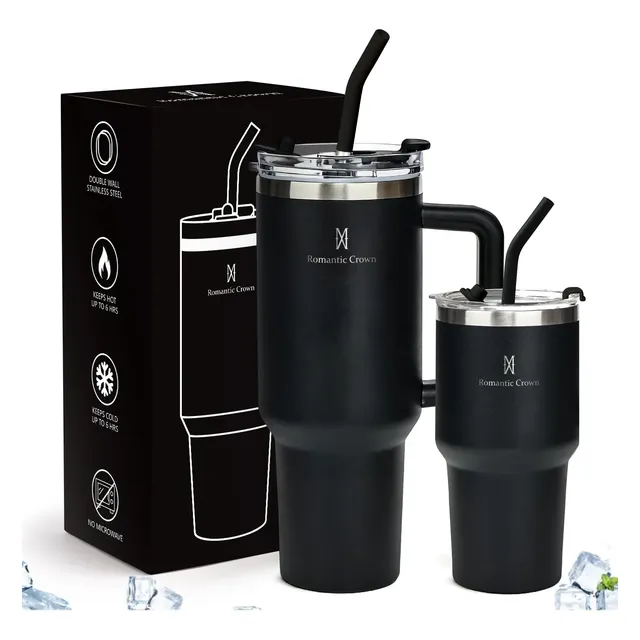 Kit Copo Térmica Inox 1200ml & 600ml Com Tampa E Inox Canudo