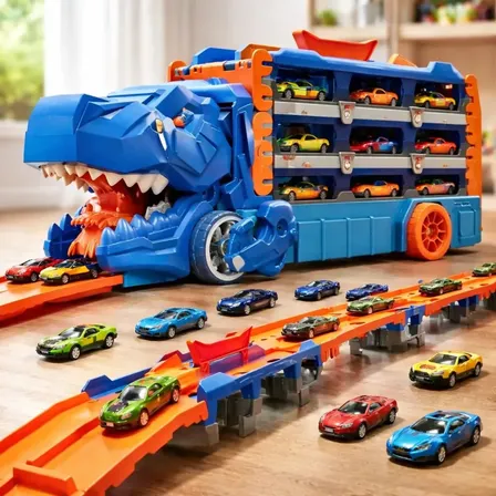 Caminhão Dinossauro Pista Com Carrinhos Maleta Transporte