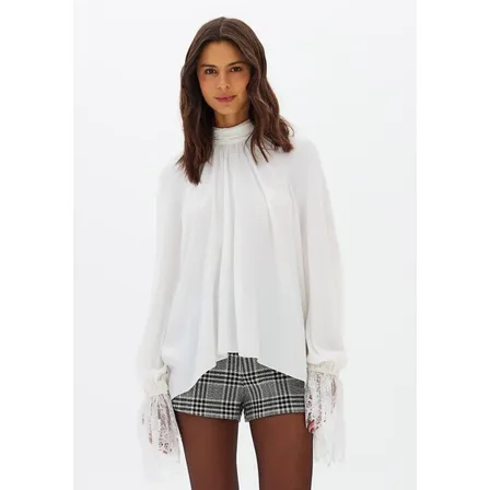 Blusa Manga Longa Com Barra De Renda