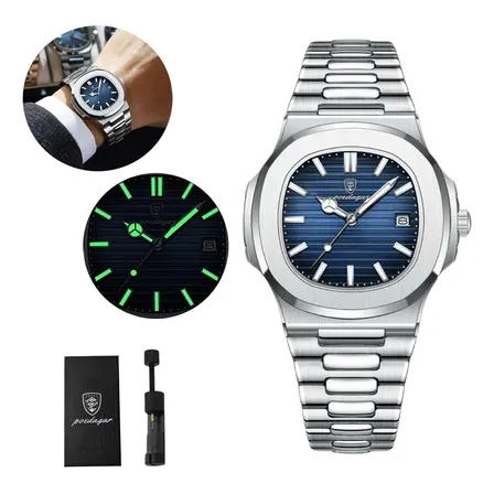 Relógio Luxo Masculino Poedagar Clássico Original Old Money Prateado Azul