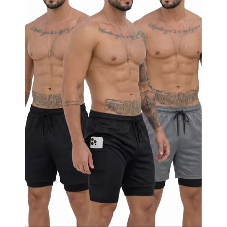 Kit 3 Shorts 2 Em 1 Duplo Bolso Para Academia Treino Corrida