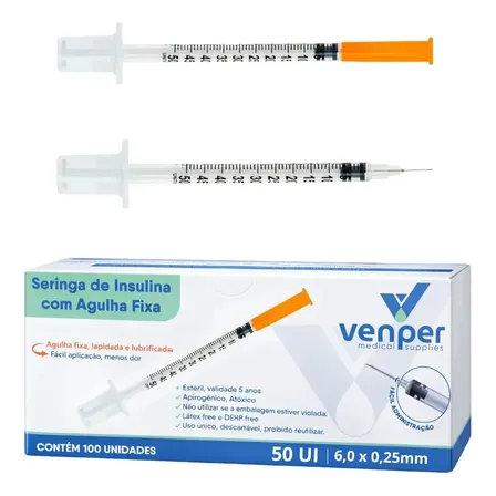 Seringa Insulina 50ui 0,5ml Agulha Fixa Caixa 100 Un 5 Ml