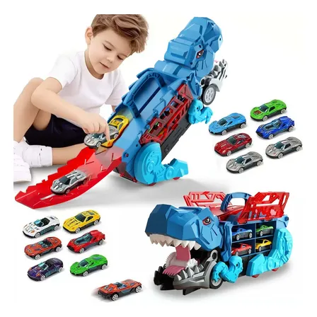 Caminhão Dinossauro Pista Com 6 Carrinhos Maleta Transporte