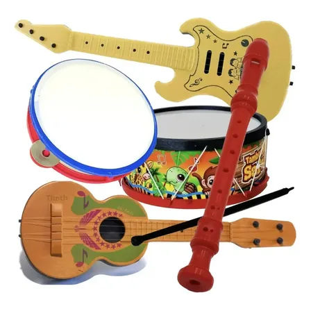 Kit 5 Itens Violão Pandeiro Flauta Tambor Brinquedo Infantil