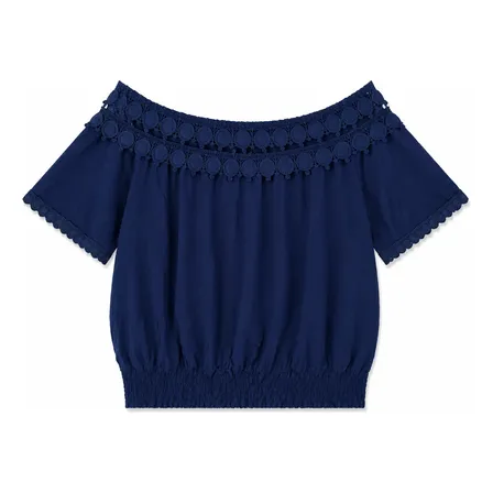 Blusa Feminina Elegante Renda Bordada Manga Curta Chic Ya016