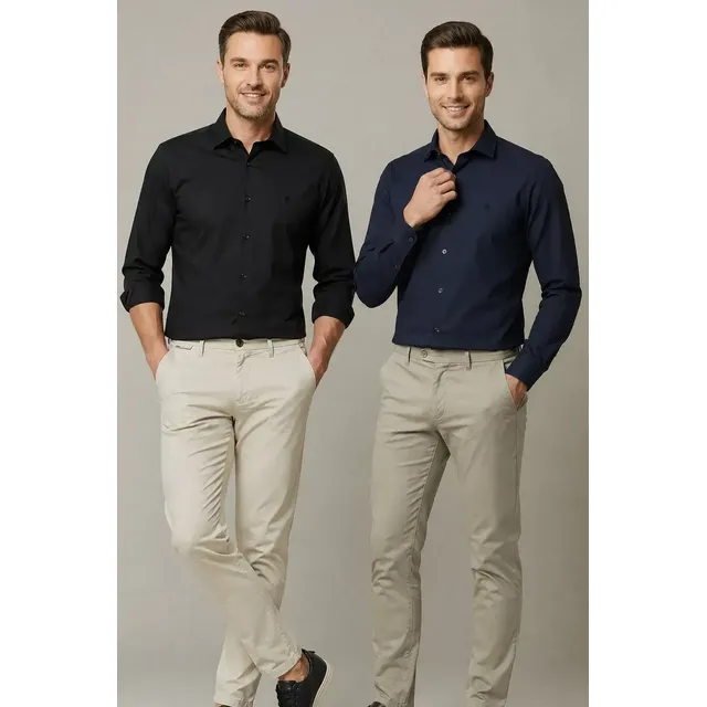 Kit 2 Camisas Slim Fit Polo Wear Preto / Marinho G