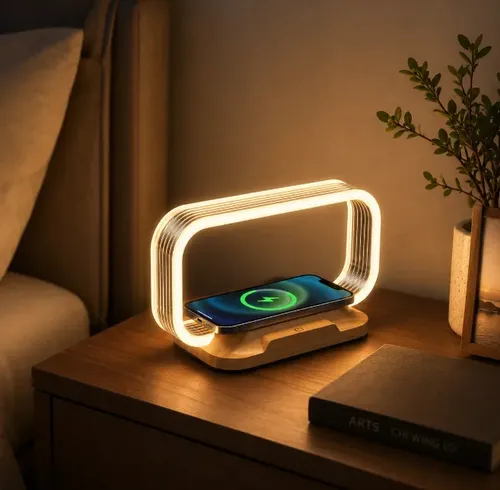 Luminária Mesa Led Madeira 15w Carregador Wireless 3coresluz