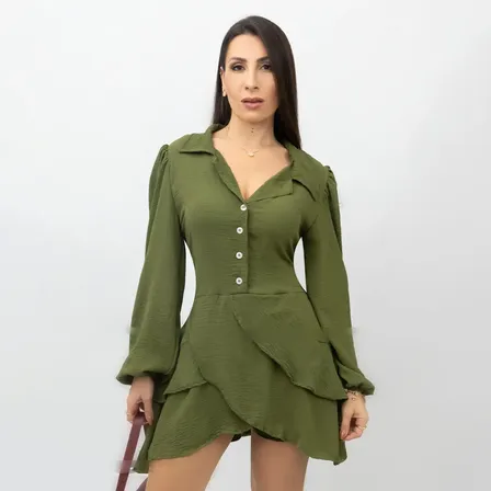 Vestido Curto Chemise Manga Longa Feminino Babado Botões