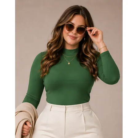 Blusa Feminina Plus Size Gola Alta Manga Longa Lisa Malha