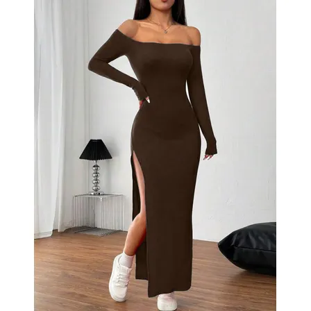 Vestido Feminino Fenda Ombro Caído Manga Comprida Elegante