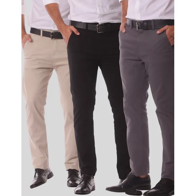 Kit 3 Calça Masculina Sarja Slim Alfaitaria Esporte Fino Preto-bege-chumbo 42