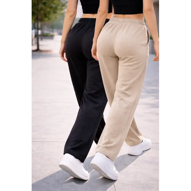 Calça Moletom Cintura Elástica Estilosa Wide Leg Pantalona Bege Lisa G 44