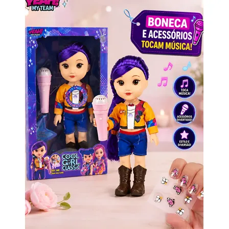 Boneca Rumi Cabelo Roxo K-pop Musical Microfone + Adesivos