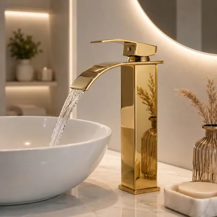 Torneira Banheiro Cascata Monocomando Inox Bica Alta Premium Dourado Brilhante