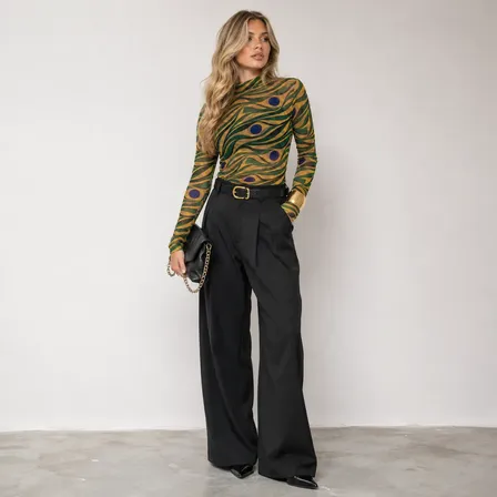 Blusa Tule Feminina Manga Longa Animal Print Elegante Casual