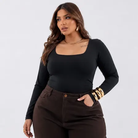 Blusa Feminina Decote Quadrado Manga Longa Plus Size Preto Lisa G2