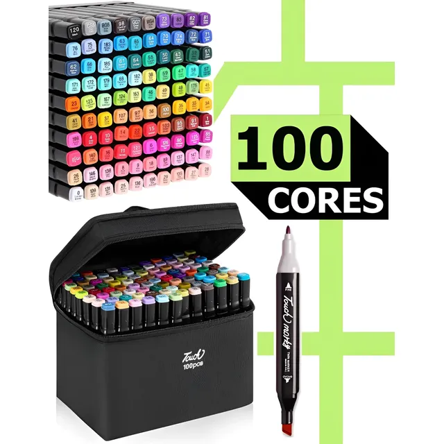 Estojo 100 Cores Canetinhas Touch Ponta Dupla Kit Marcador