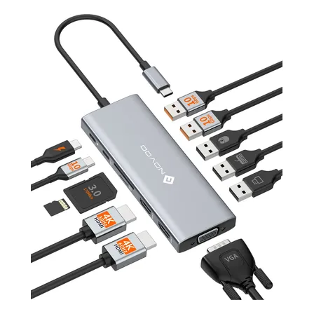 Novoo Hub Usb C 12 Em 1 Adaptador Hdmi 4k Vga Usb 3.2 10gbps Prateado