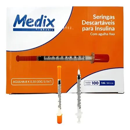 Seringa Insulina 1ml Com Agulha Fixa 8x0,30 30g - 100 Un