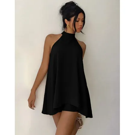 Conjunto Feminino Vestido Soltinho Frente Unica Short Verão Preto Único