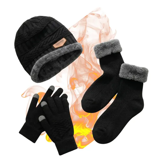 Kit De Frio Inverno Touca Gorro Peluciado Luva Meia Térmica Preto Un Liso