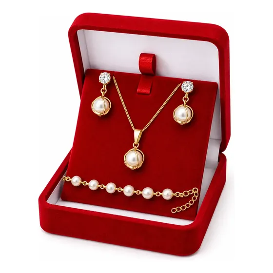 Colar Pingente Pérola Brilhante Banhado Ouro 18k + Brincos