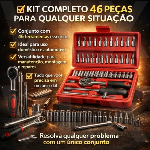 Kit Jogo De Soquete Catraca 1/4 Com 46 Peças Aço Maleta Novo
