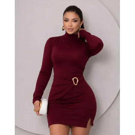 Vestido Curto Feminino Fivela Chic Gola Alta Fenda Inverno