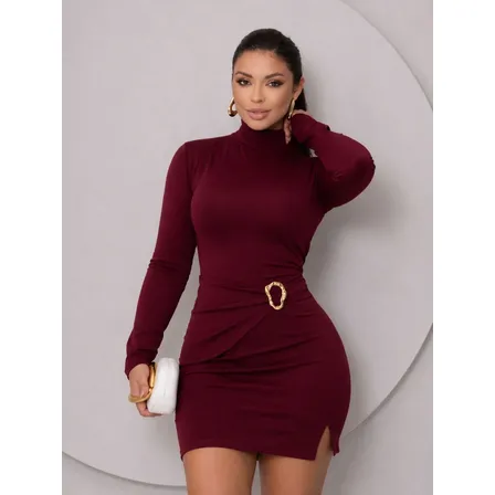 Vestido Feminino Curto Manga Longa Fenda Fivela Inverno Chic