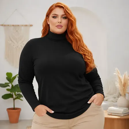 Blusa Flanelada Gola Alta Manga Longa Plus Size Inverno