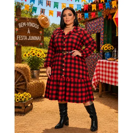 Vestido Chemise Xadrez Plus Size Midi Manga Longa Feminino